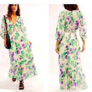 NWOT S FREE PEOPLE Golden hour boho hippie spring goddess floral maxi dress